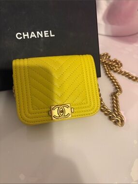 CHANEL Yellow Chevron Mini Flap Bag with Gold Chain